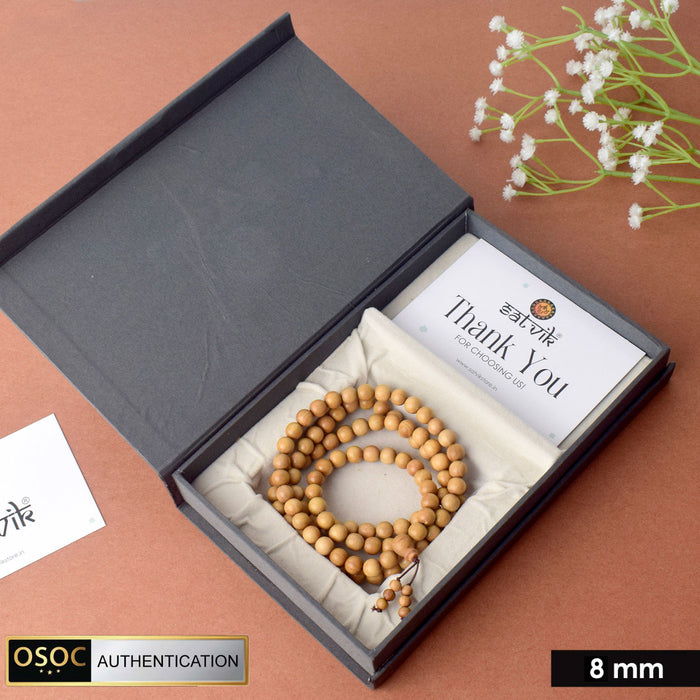 Certified 8mm original Mysore white sandalwood (Chandan) jap mala made from pure authentic chandan beads for japa, meditation, and daily spiritual practice. 
India’s Largest Pooja Accessories Brand – www.satvikstore.in
