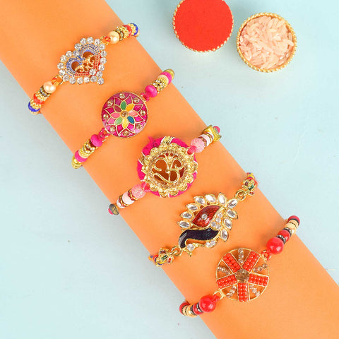Set of 5 Designer Rakhi Threads with Roli Chawal and Ram Sita Stickers for Raksha Bandhan Celebration. India’s Largest Pooja Accessories Brand - www.satvikstore.in