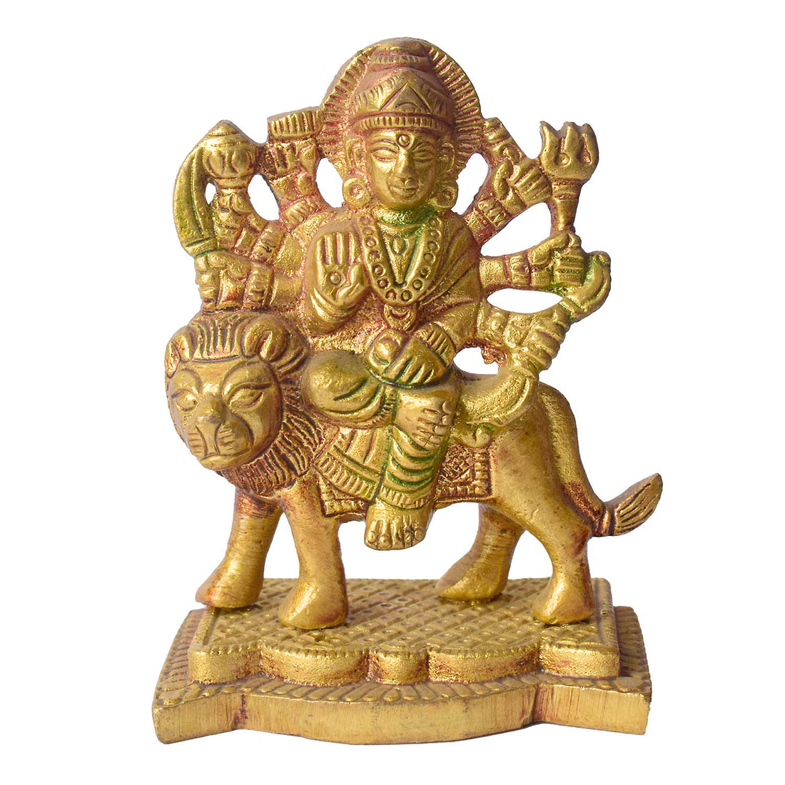 3.1 Inch Colored Brass Sherawali Mata Idol with Base – Vibrant Durga Statue for Car Dashboard and Puja Room Decor. No.1 Brass Idol Store www.satvikstore.in 