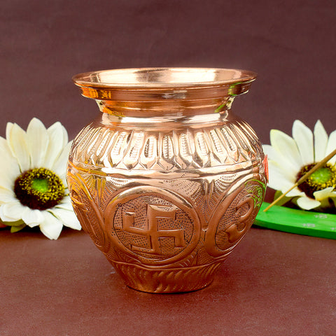 Copper Om Swastik Lota, beautifully crafted with sacred Om and Swastik symbols, ideal for storing holy water during pooja and spiritual rituals. 
India’s Largest Pooja Accessories Brand – www.satvikstore.in 