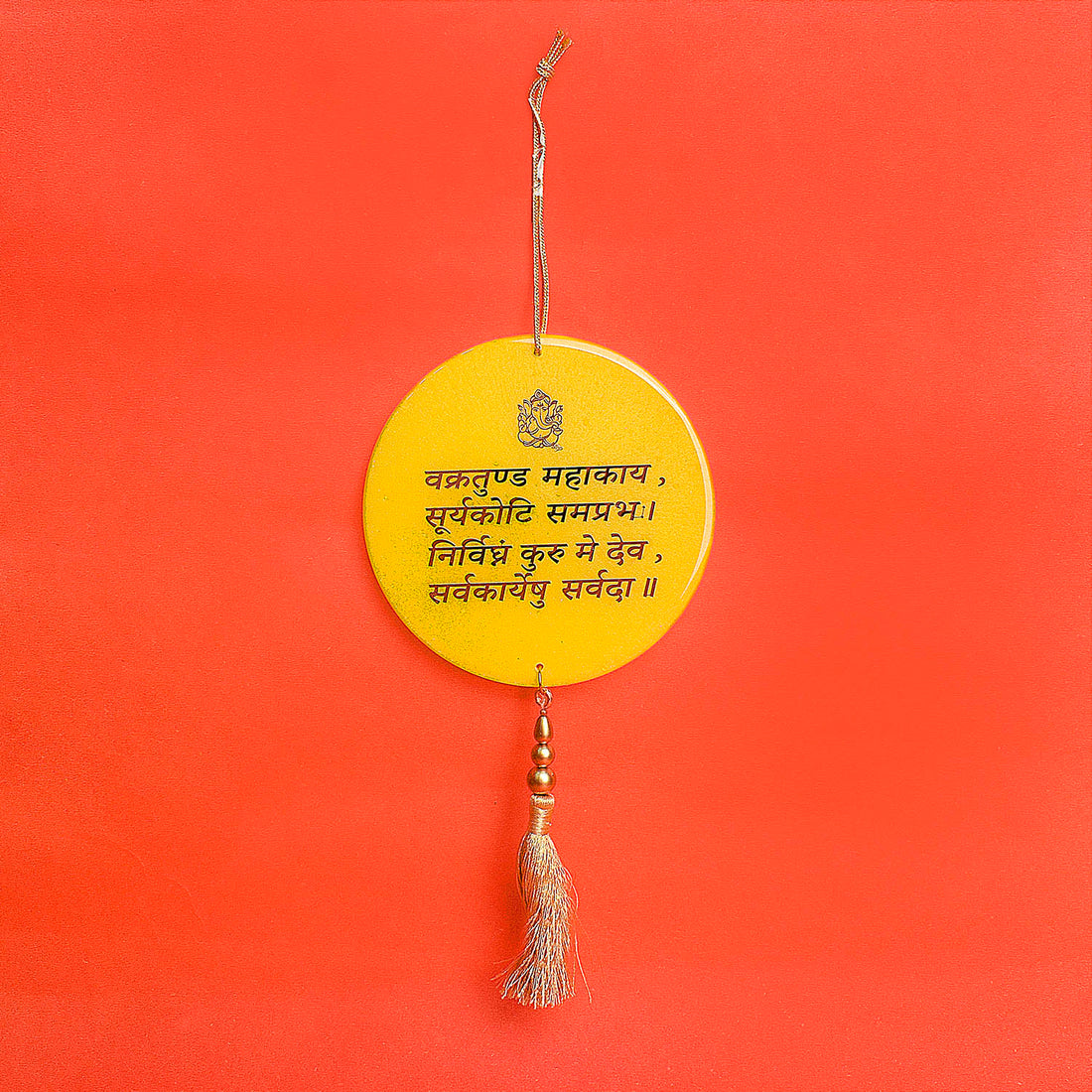 Decorative Epoxy/Resin Ganesh Mantra Yellow Frame Car/Wall Hanging