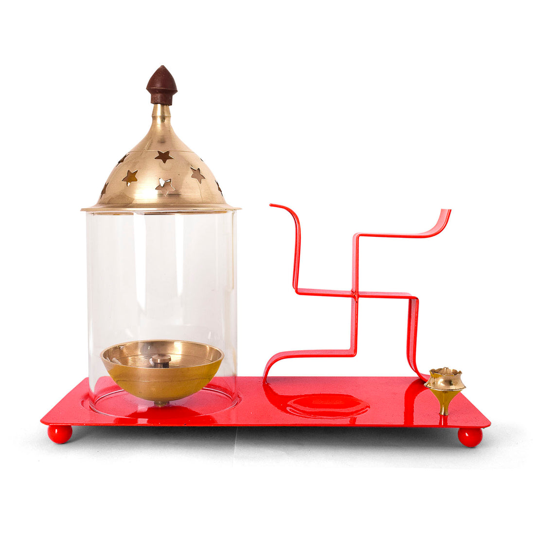 Brass & Metal Swastik Chimney Diya Tray with Incence Holder Large (Red)