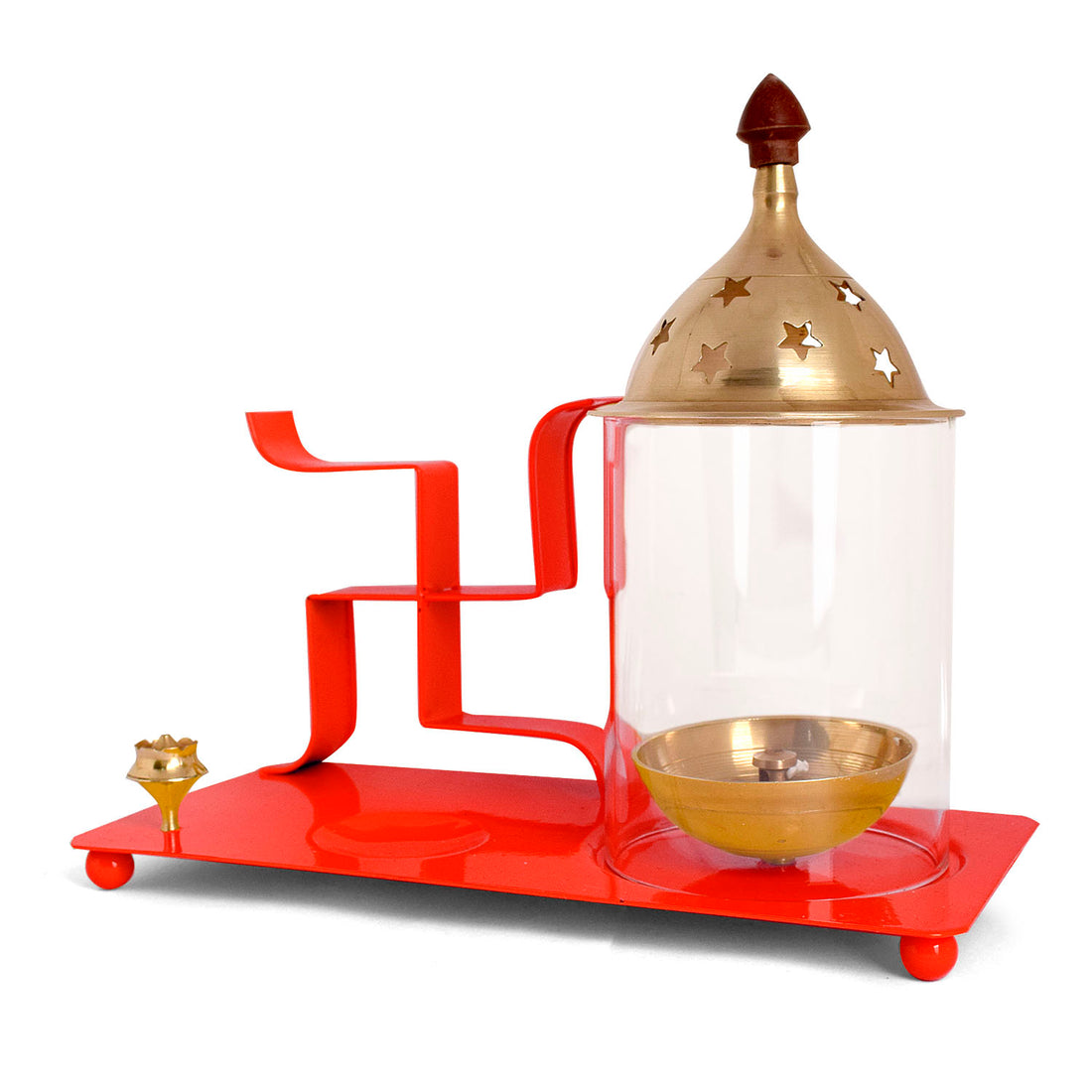 Brass & Metal Swastik Chimney Diya Tray with Incence Holder Large (Red)