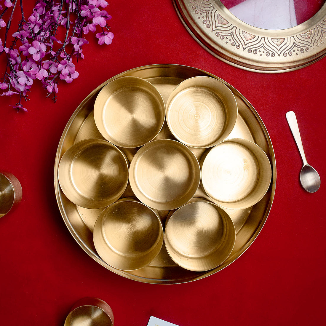 Premium Brass Pooja Samagridaan Set - 7 Containers with Spoon and Glass Lid