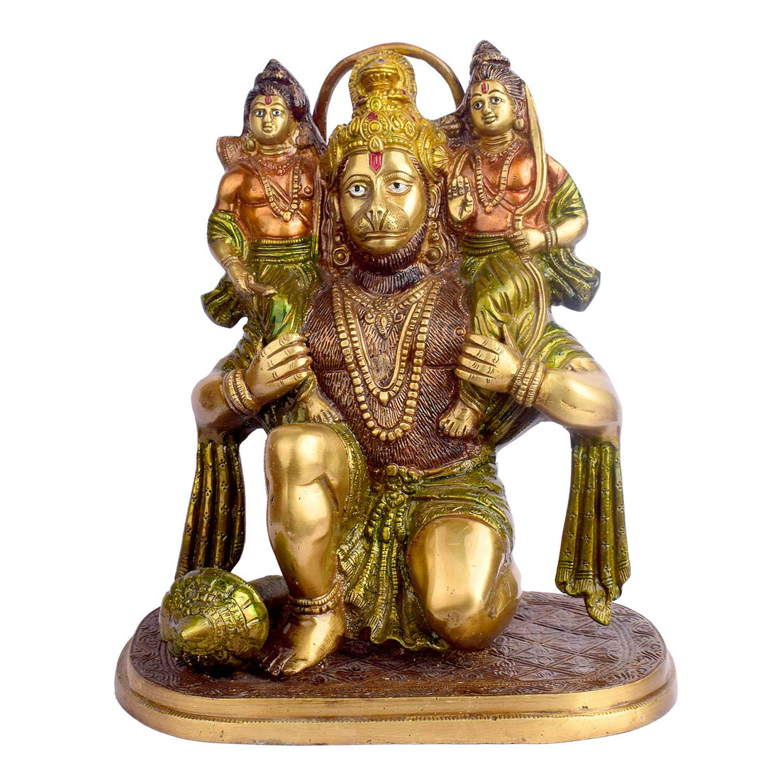 11.4 Inch Hanuman with Ram Laxman on Shoulder Brass Idol