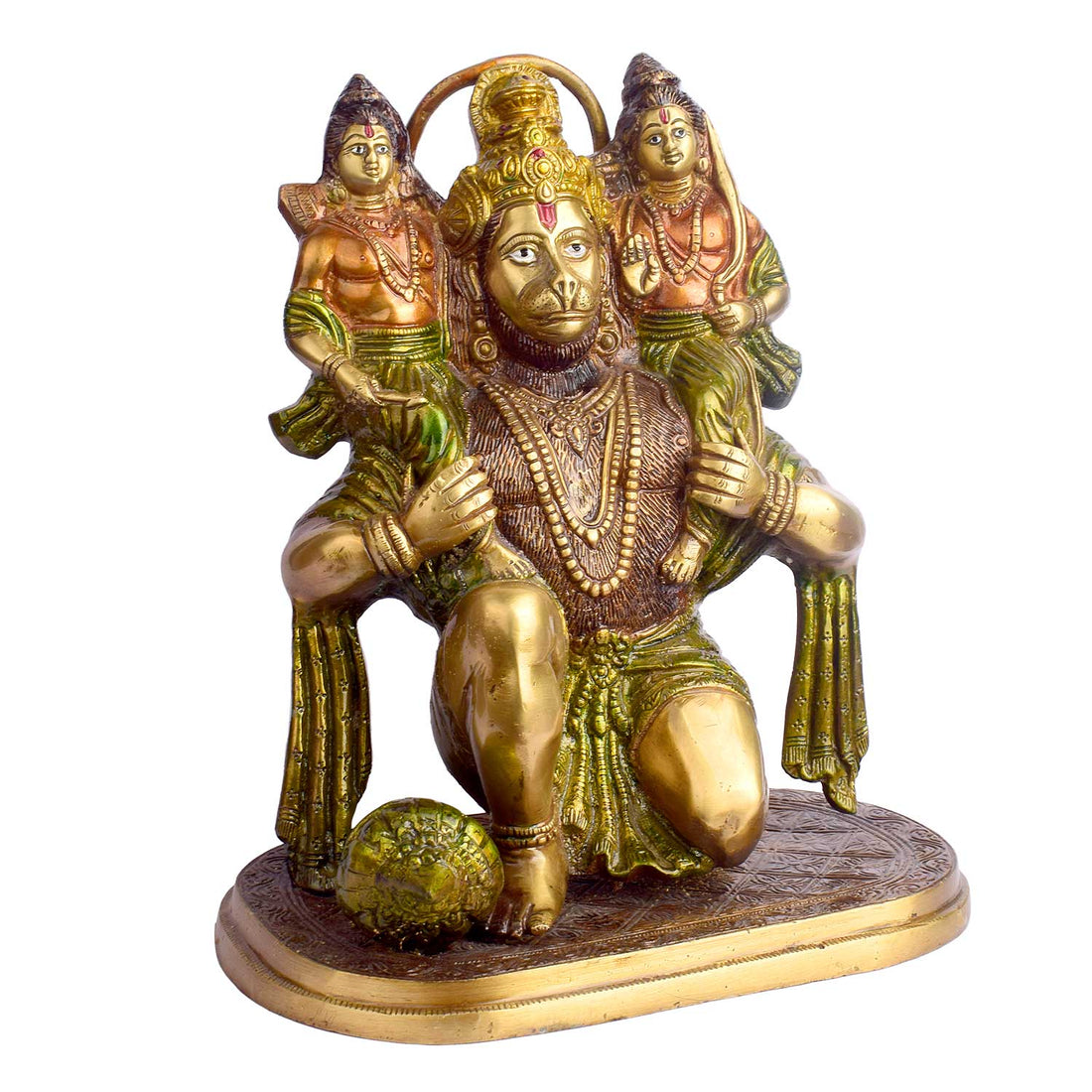 11.4 Inch Hanuman with Ram Laxman on Shoulder Brass Idol