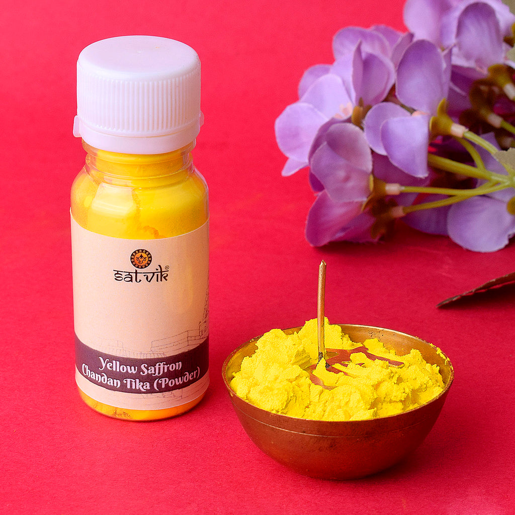 Yellow Saffron Chandan Tika Powder for Pooja Online | Shop From www.satvikstore.in