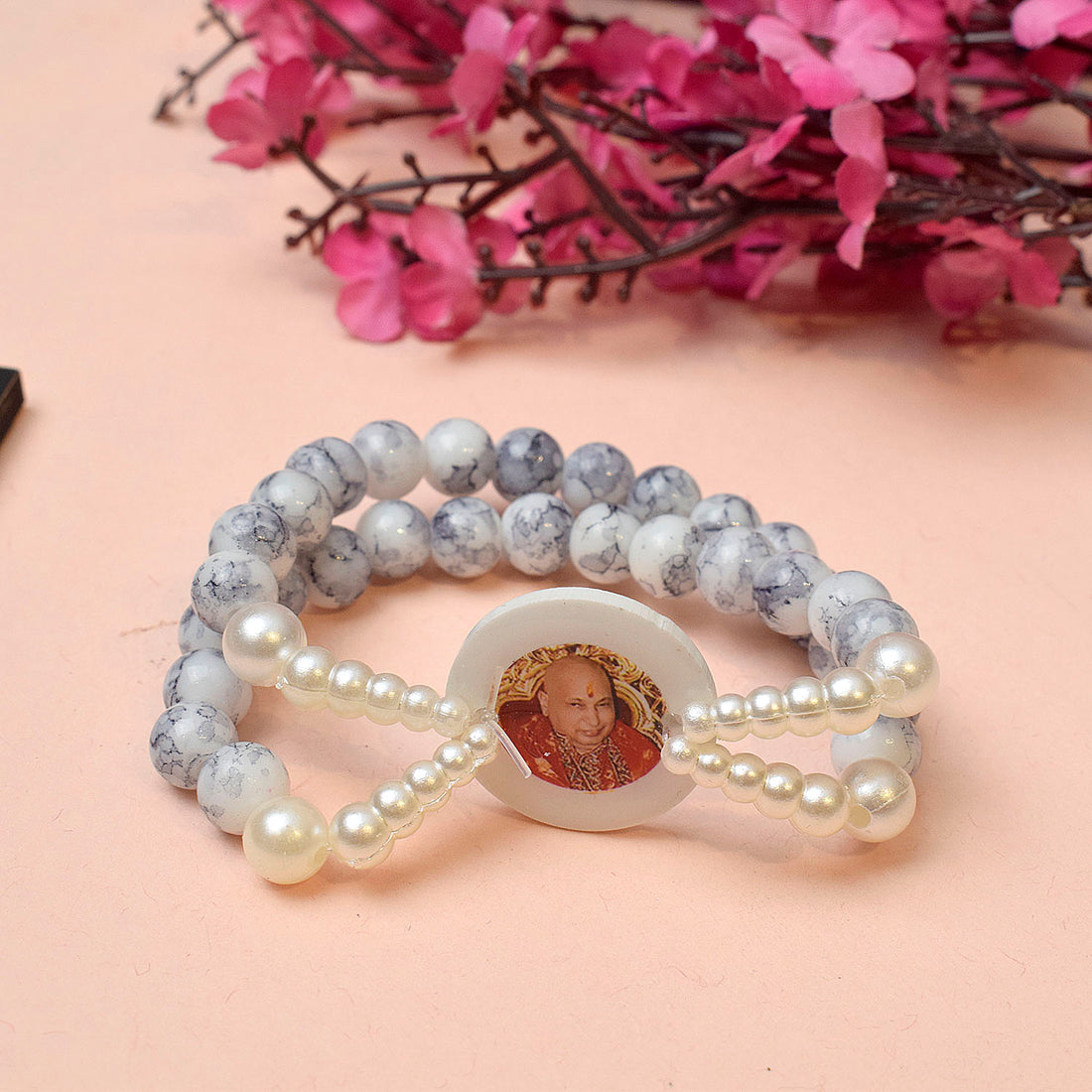 Crystal Grey Beads Double Layer & White Pearl Bracelet with Jai Guruji Swaroop