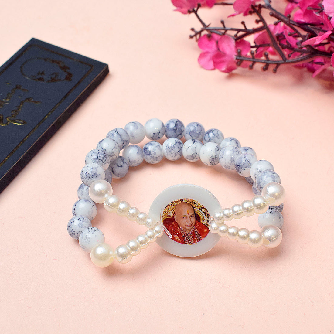 Crystal Grey Beads Double Layer & White Pearl Bracelet with Jai Guruji Swaroop