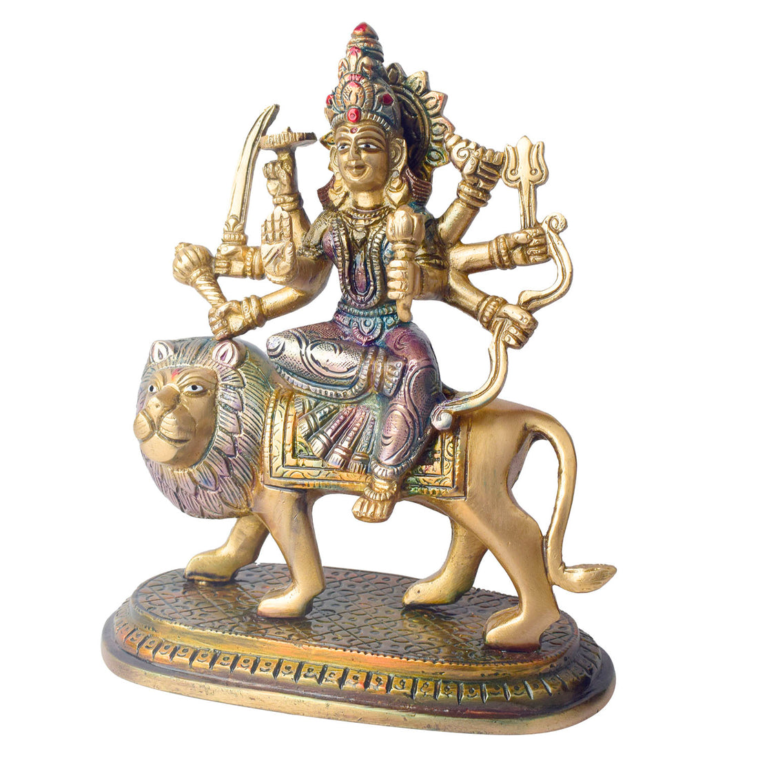 Embrace the powerful energy of Maa Durga with this 8.5-inch Brass 8-Armed Durga Idol, beautifully depicted riding her mighty lion. This meticulously crafted statue showcases Maa Durga in her most majestic form, symbolizing strength, courage, and divine protection. 