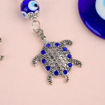 Blue Bead Silver Plated Evil Eye Turtle Keychain – Anti-Rust Gift for Bike/Car