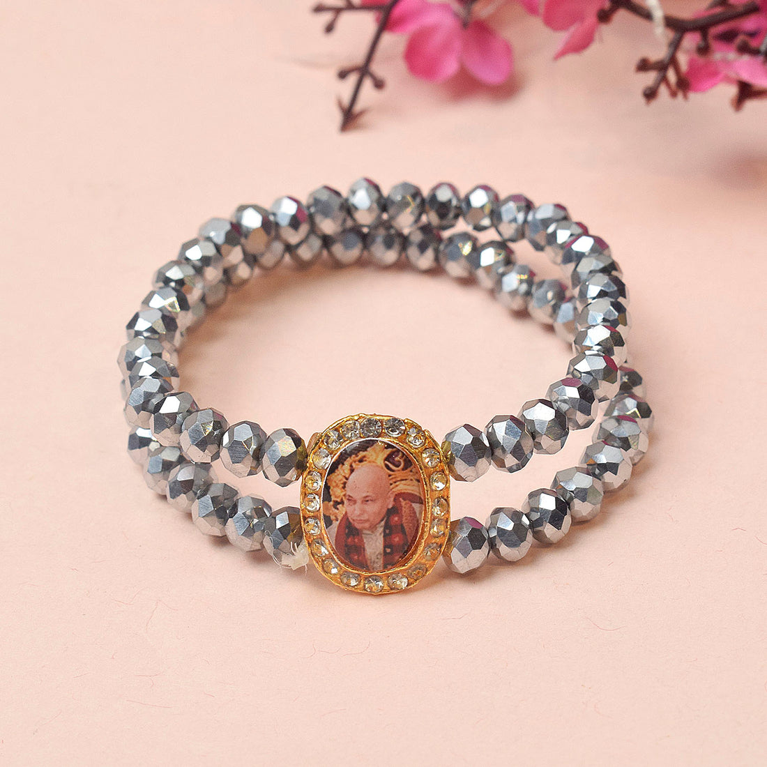 Silver Round Pearl Bracelet with Jai Guruji Swaroop