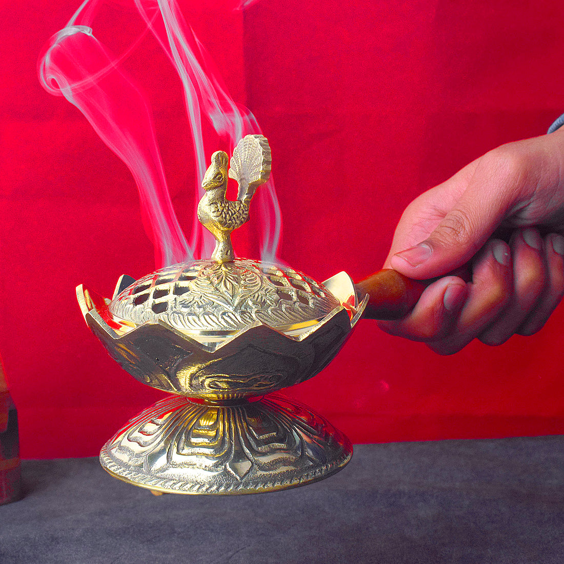 Antique Brass Loban Dingali with Wooden Handle for Pooja and Rituals