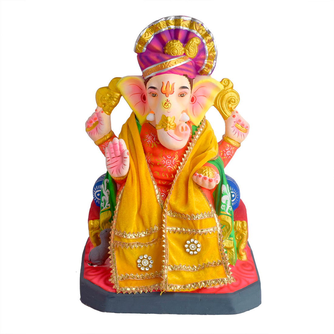Elegant Yellow Velvet Ganpati Idol Patka with Stone Floral Medallions
