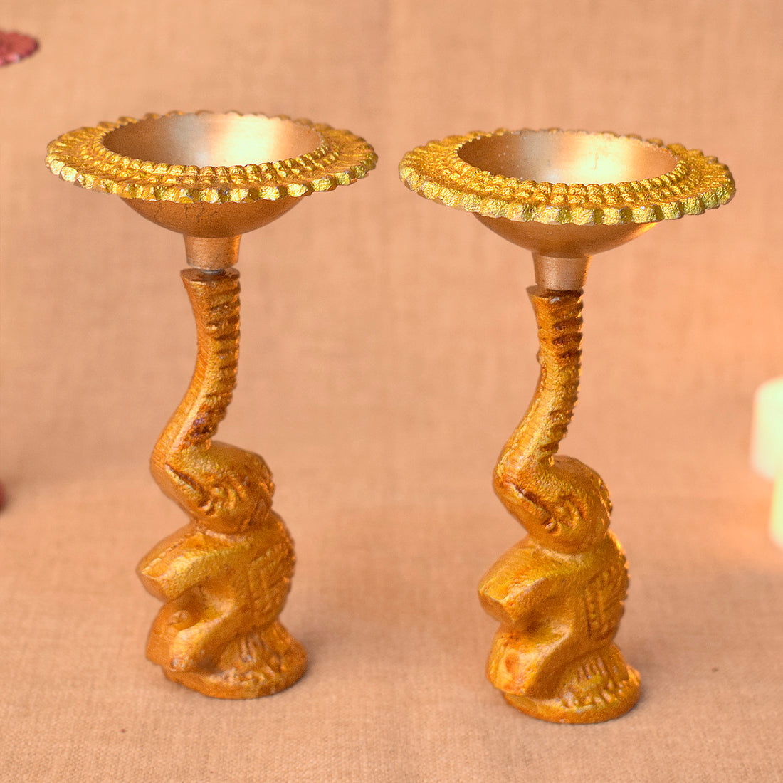 Multicolor Elephant Diya Metal Table Dia Laxmi Candle Tea Light Holder (Pack of 2)