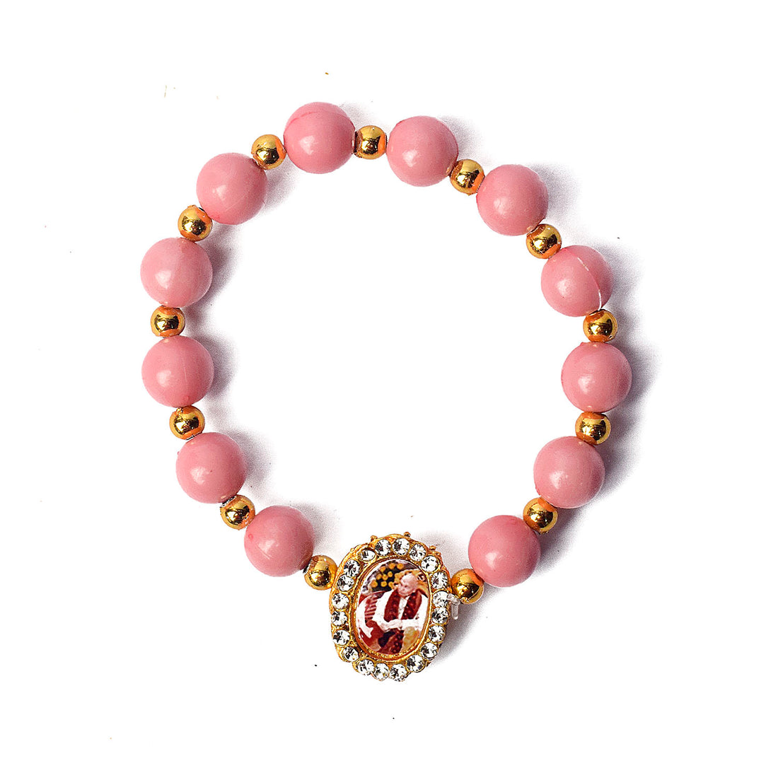 Pink Round Pearl Bracelet with Jai Guruji Swaroop Handmade Bracelets for Men and Women