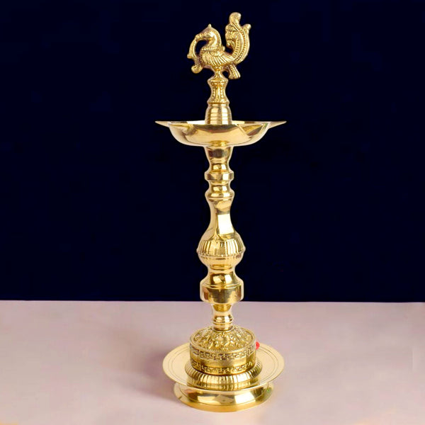 14 Inch Embossed Peacock Kerala Stand – 1 Step Brass Deepam