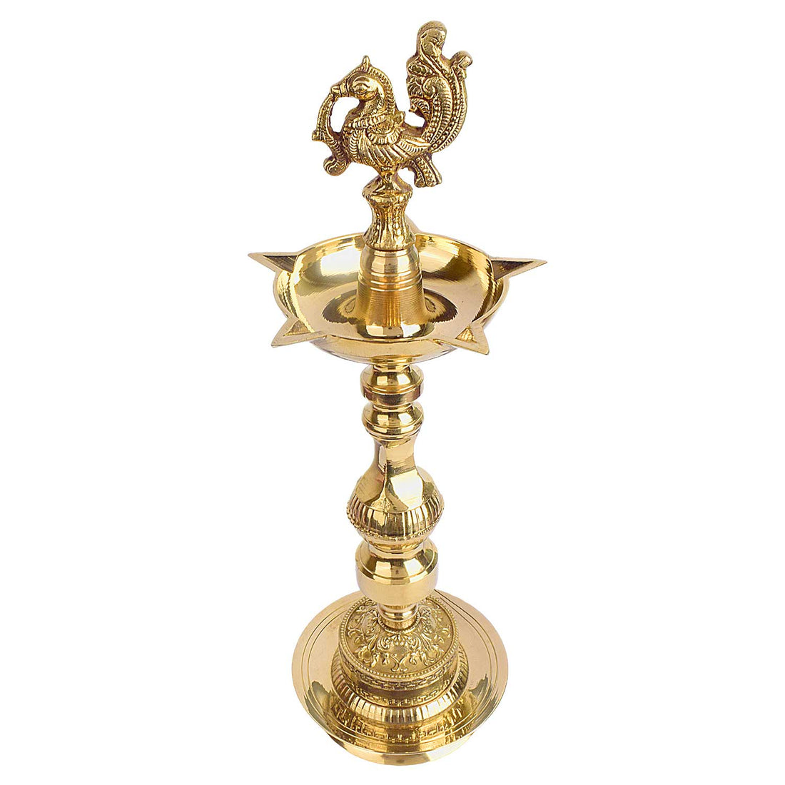 14 Inch Embossed Peacock Kerala Stand – 1 Step Brass Deepam