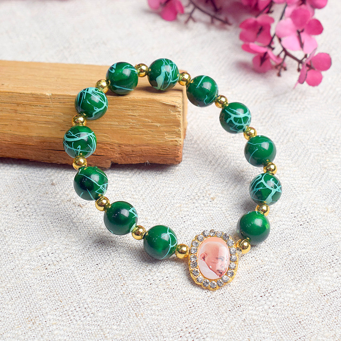 Dark Green Round Pearl Bracelet with Jai Guruji Swaroop Handmade Bracelets for Men and Women