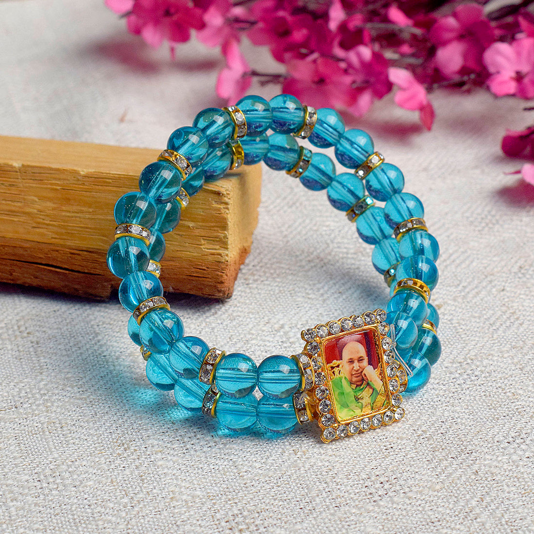 Blue Round Pearl Bracelet with Jai Guruji Swaroop Handmade Bracelets for Men and Women