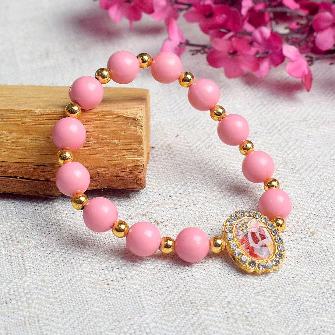 Pink Round Pearl Bracelet with Jai Guruji Swaroop Handmade Bracelets for Men and Women