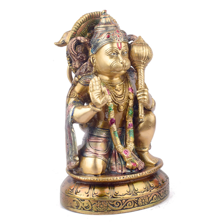 The "10.6 Inch Brass Hanuman Idol – Protector of Courage and Faith" is a stunningly detailed representation of Lord Hanuman, the embodiment of strength, devotion, and unwavering courage.