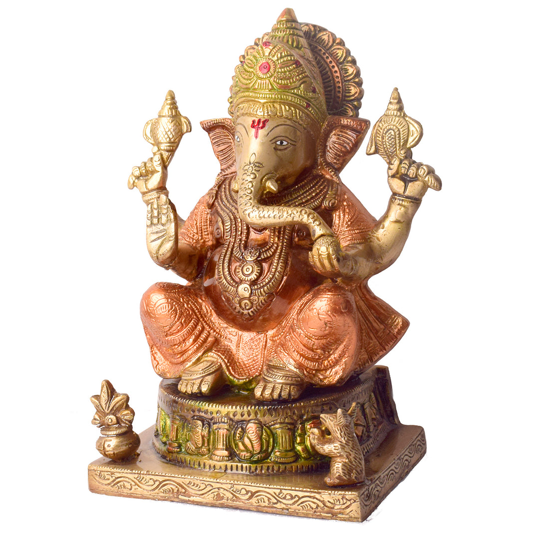  Large Brass Idol of Colored Brass Ganesh StatueEnhance your home with the vibrant charm of this Colored Brass Ganesh Statue. a perfect fusion of tradition and artistry. Crafted from high-quality brass and adorned with vivid hand-painted colors, this exquisite idol beautifully represents Lord Ganesha, the remover of obstacles and symbol of prosperity. 