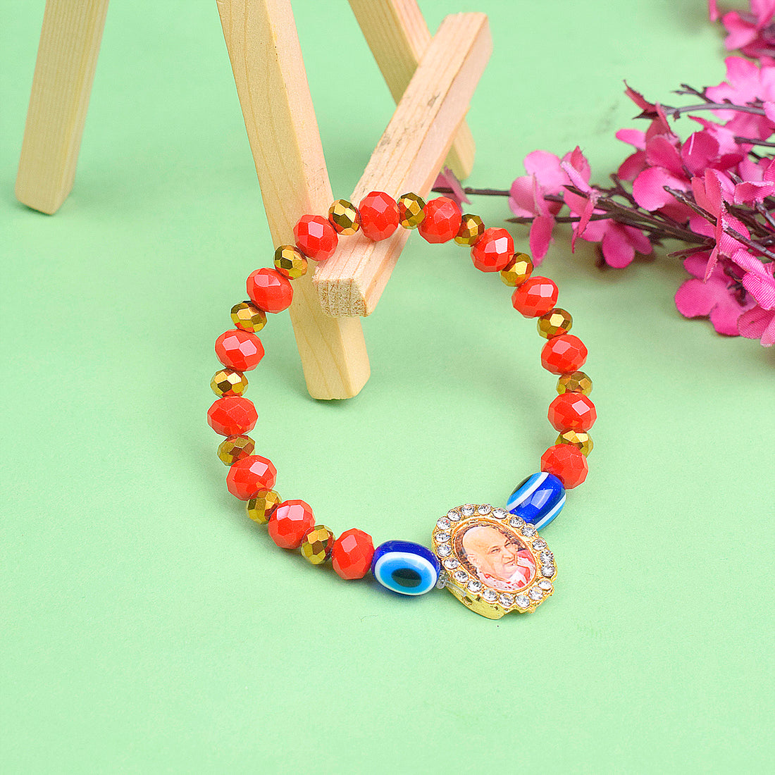 Red Beads with Evil Eye Bracelet with Jai Guruji Swaroop Handmade Bracelets for Men and Women