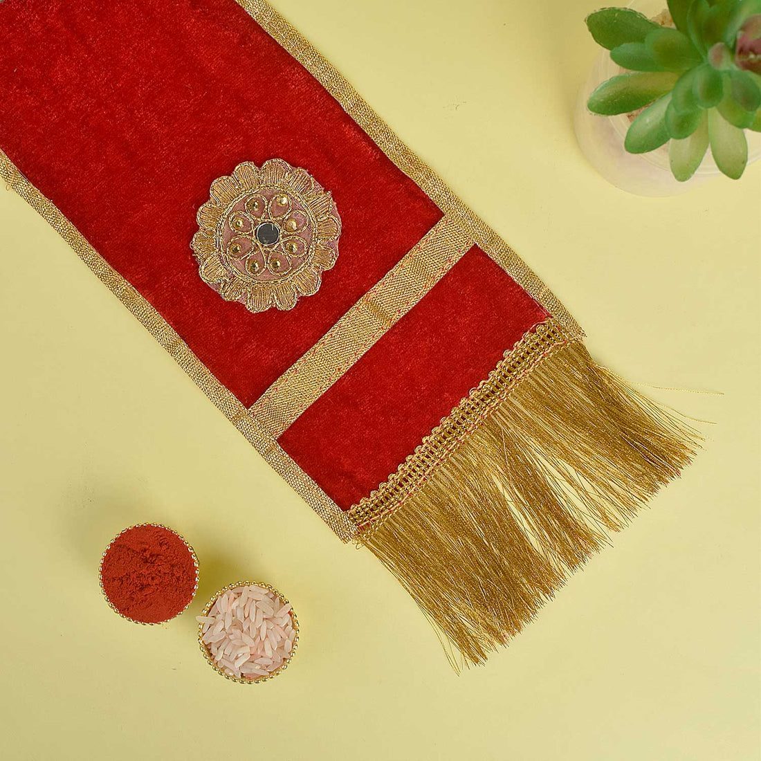 Designer Red Velvet Ganpati Idol Patka with Gold Tassels