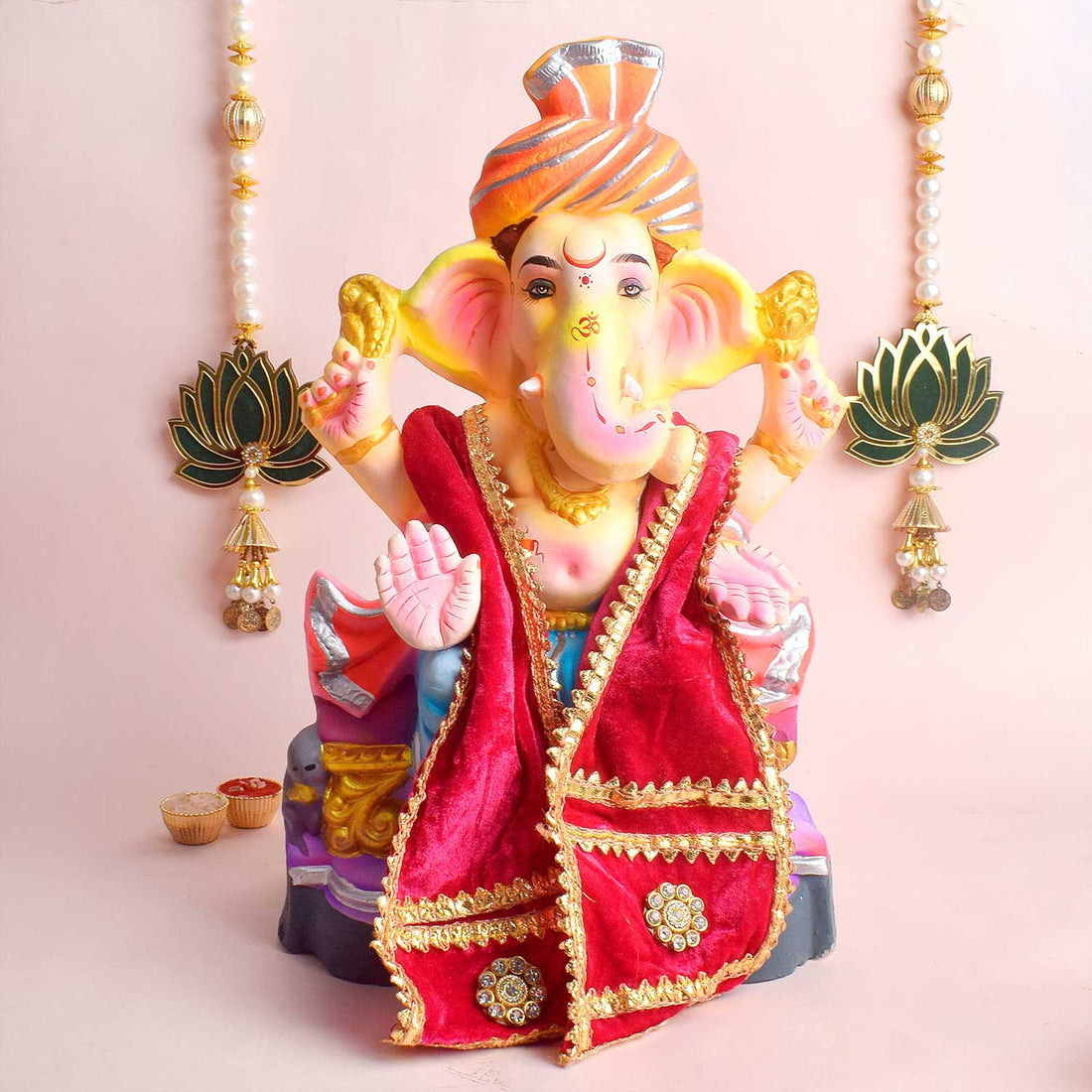 Traditional Pink Velvet Ganpati Idol Patka with Gold Border