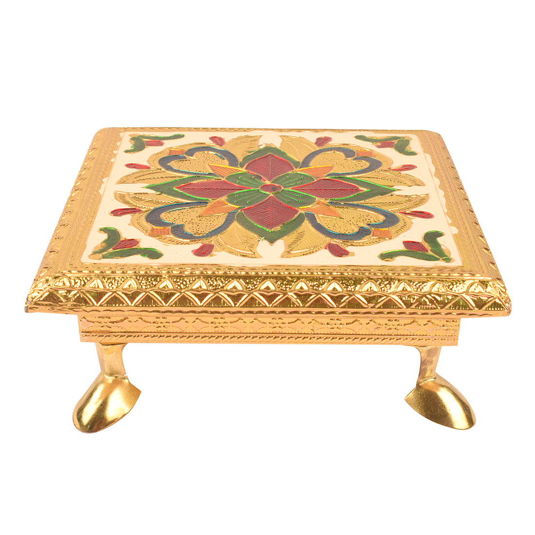 Elegantly Crafted Wooden Chowki with Enchanting Meenakari and Floral Embellishments