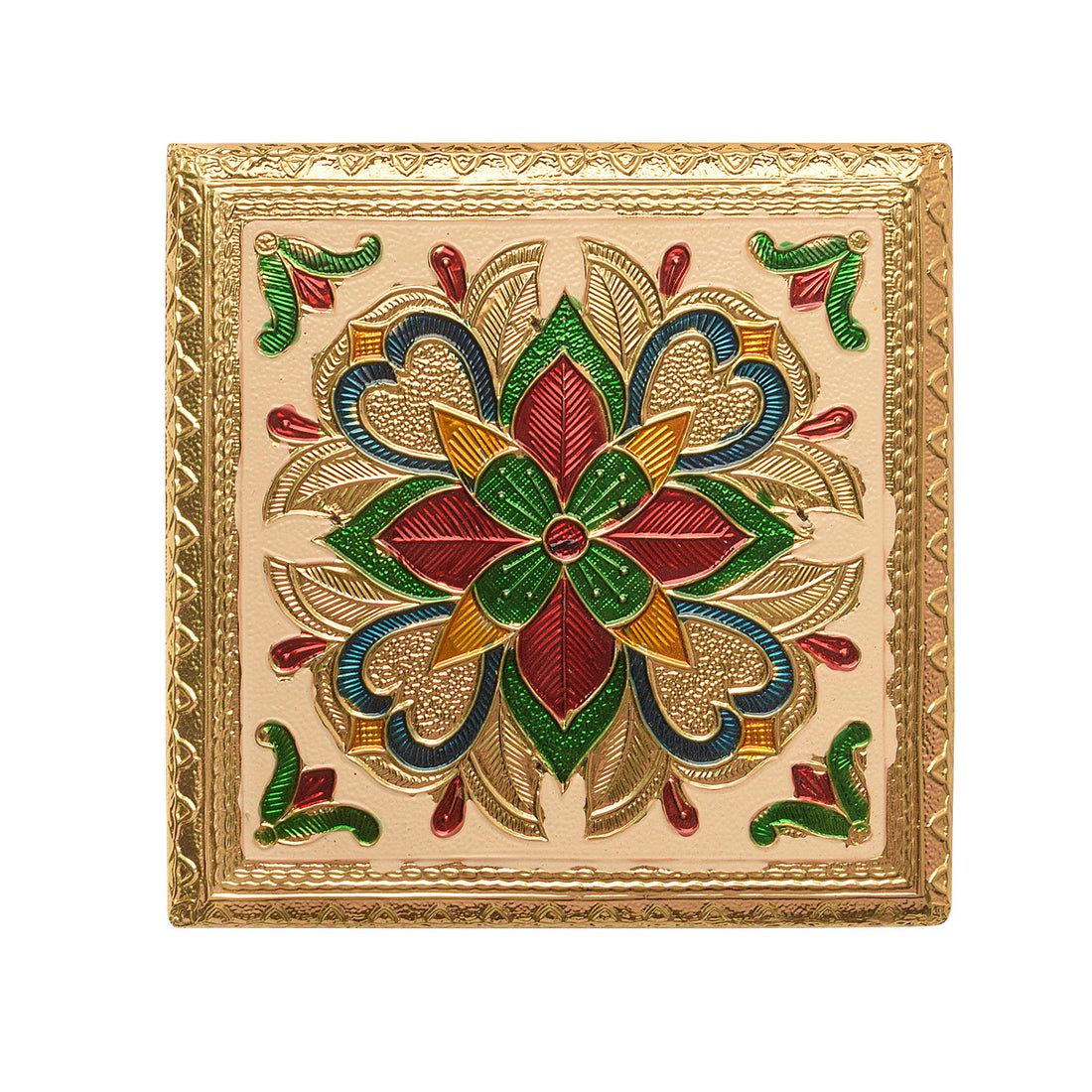 Elegantly Crafted Wooden Chowki with Enchanting Meenakari and Floral Embellishments