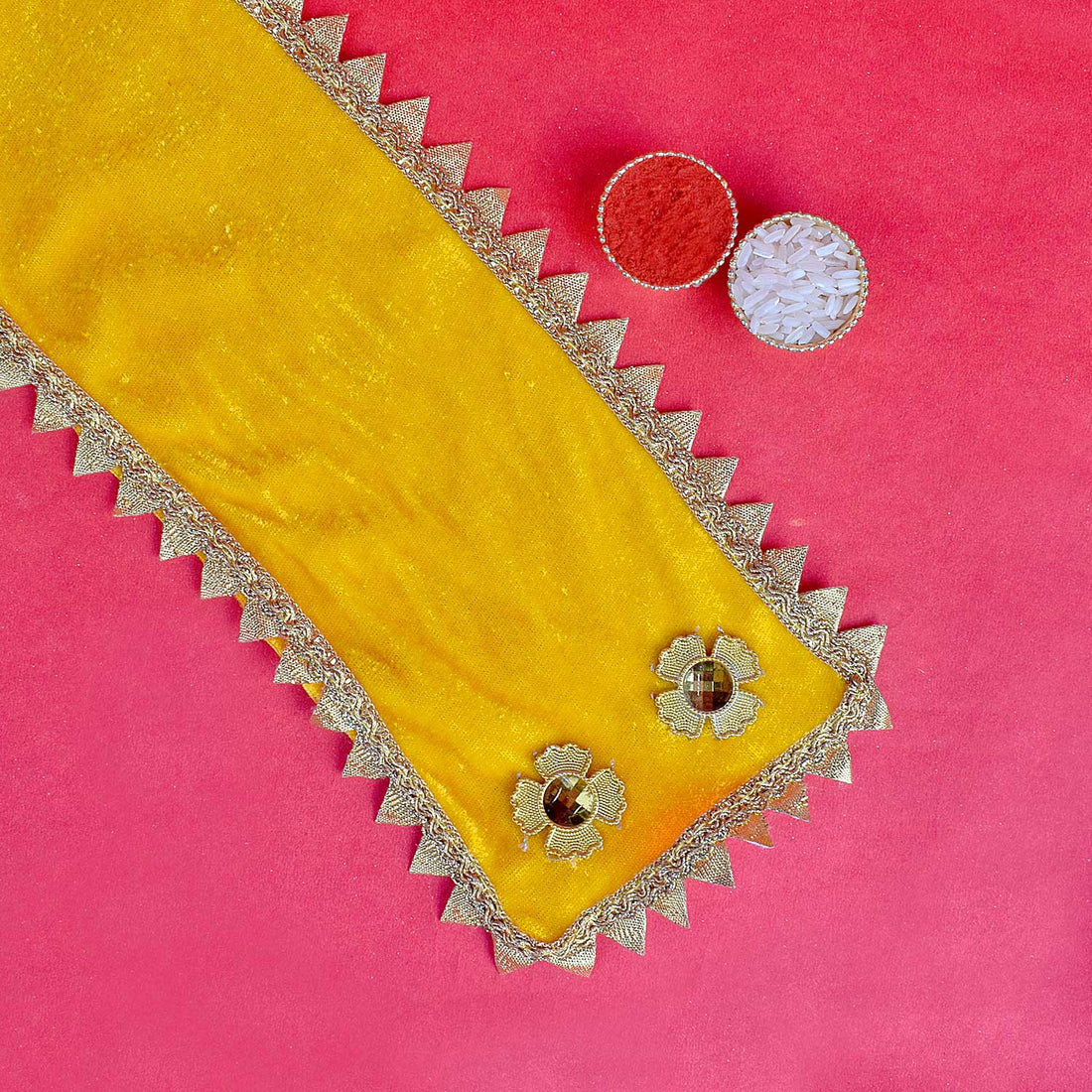 Yellow Velvet Ganpati Idol Patka with Zigzag Lace