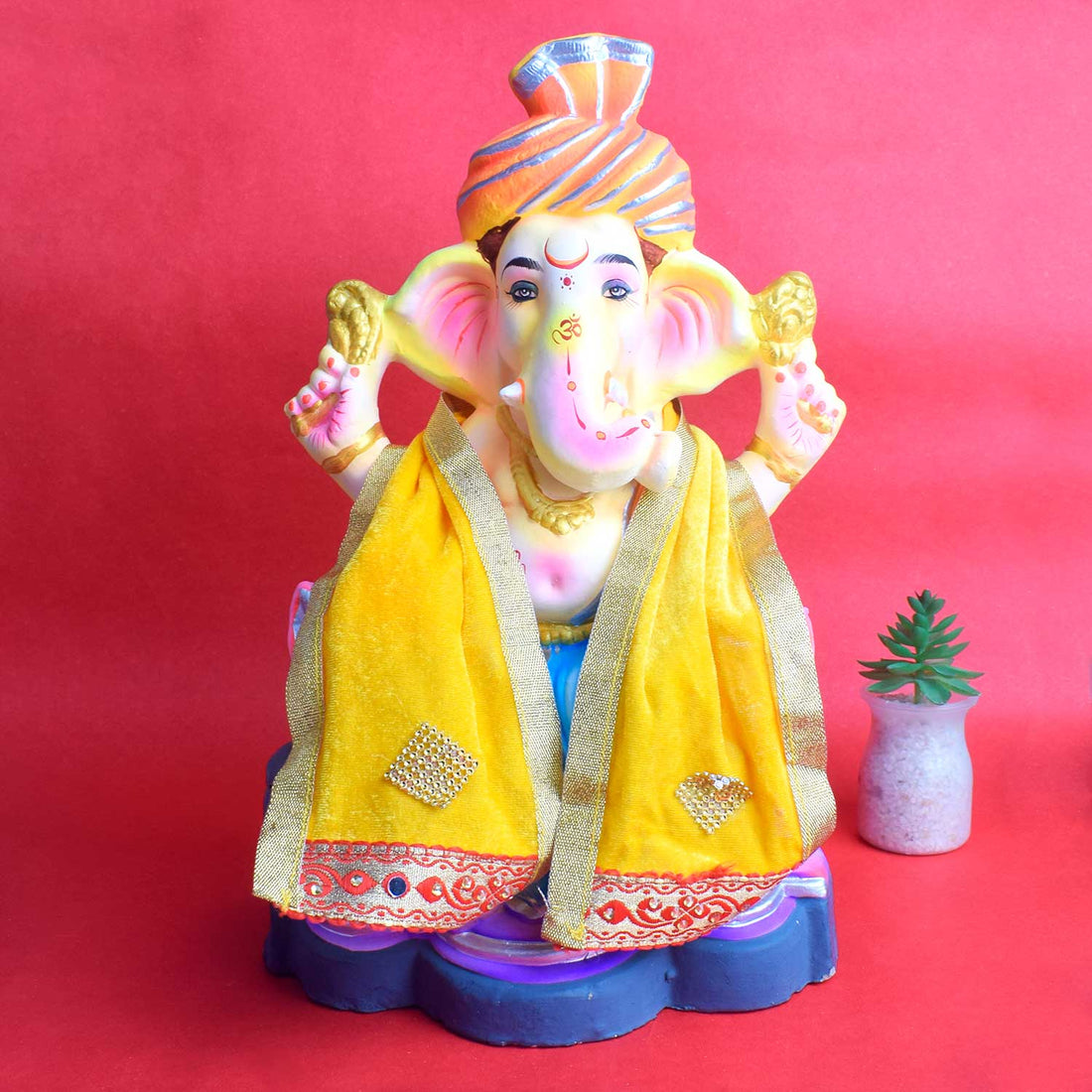 Elegant Yellow Velvet Ganpati Idol Patka with Mirror Embellishment