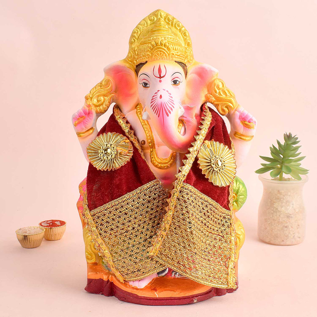 Premium Maroon Velvet Ganpati Idol Patka with Gold Medallion