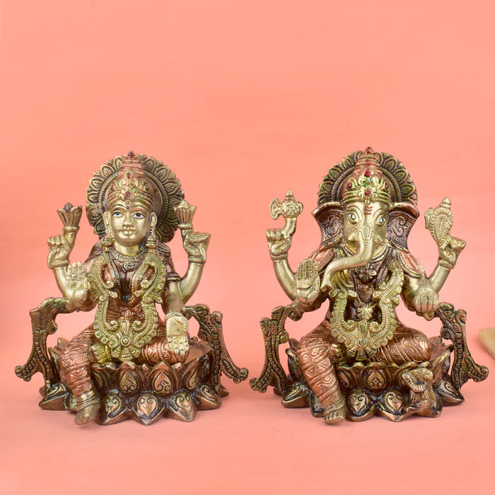 7 Inch Divine Handcrafted Brass Lakshmi Ganesha Idol