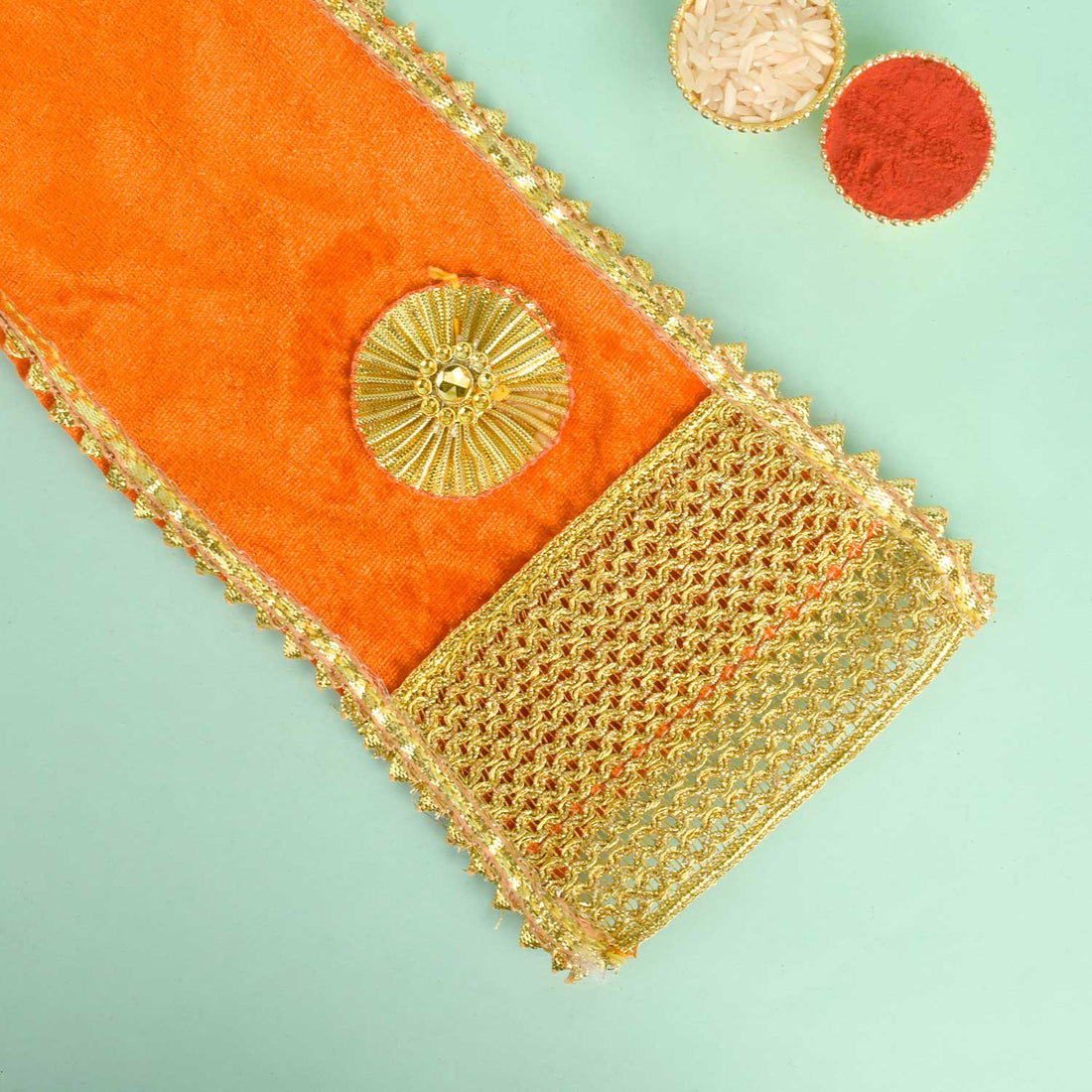 Premium Designer Orange Velvet Ganpati Idol Patka