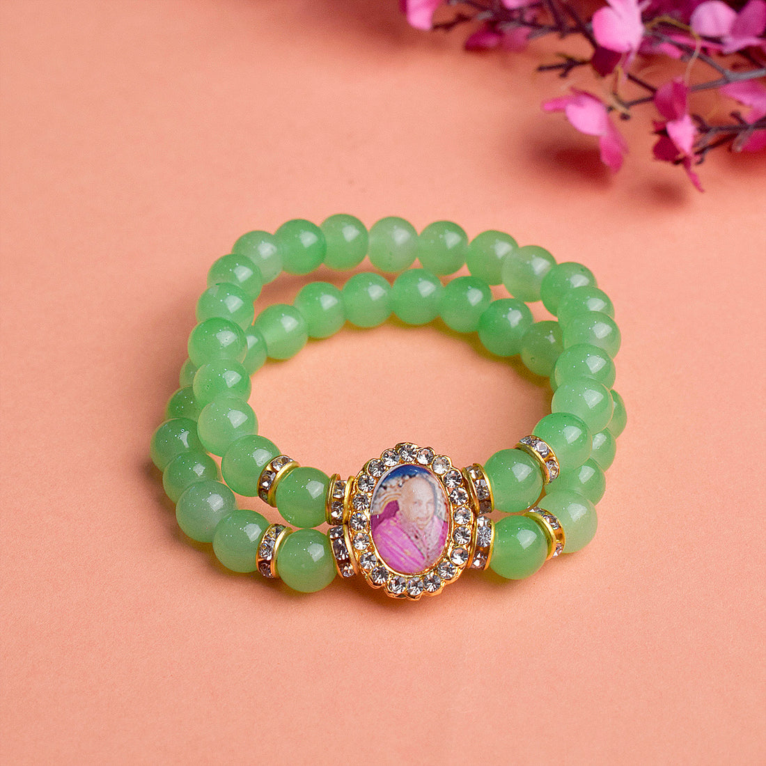 Light Green Stone Bracelet with Jai Guruji Swaroop