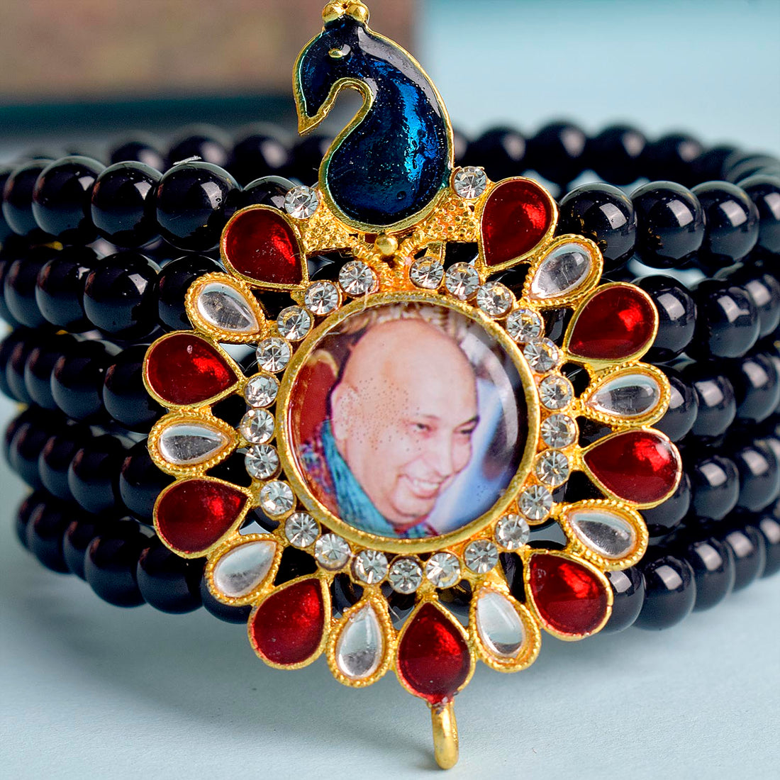 Black Beads Five Layer Guruji Swaroop Bracelet with Peacock Pendant