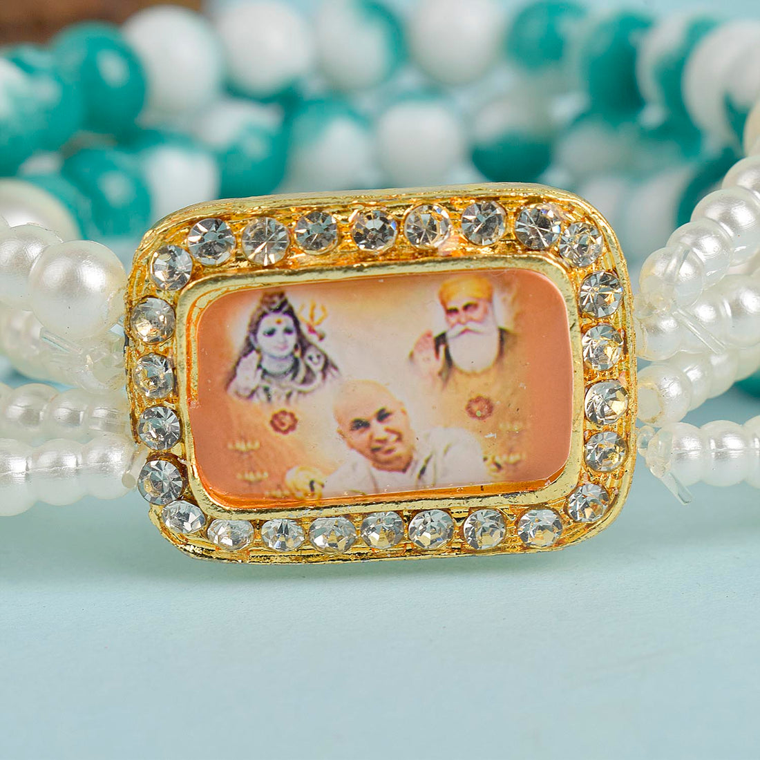 Bluish Green & White Marble Four Layer Guruji Swaroop Bracelet