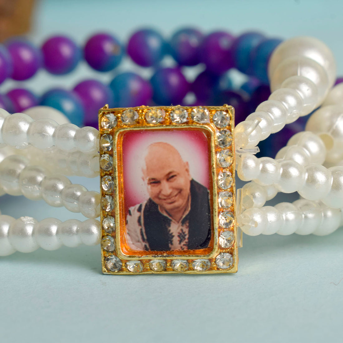 Purple & Blue with White Pearl Four Layer Guruji Swaroop Bracelet