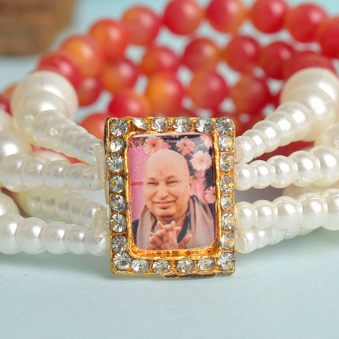 Red & White Pearl Four Layer Guruji Swaroop Bracelet