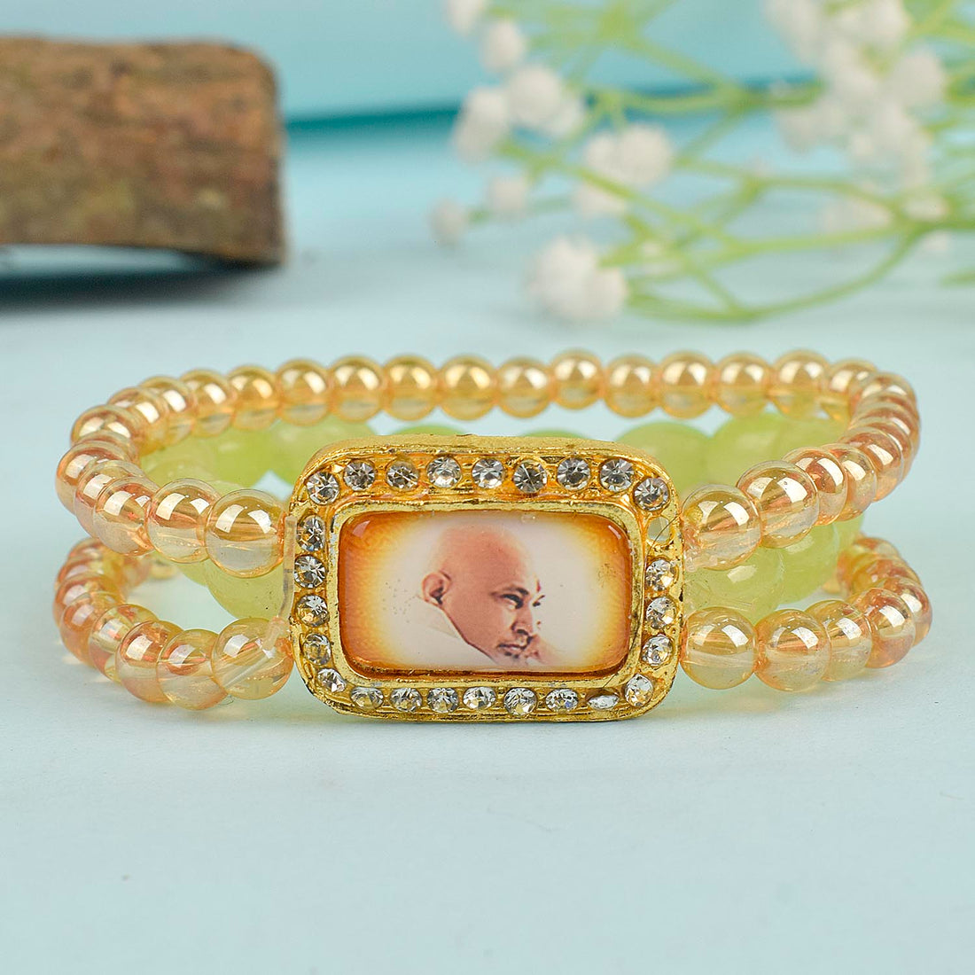 Golden Clear & Green Triple Layer Guruji Swaroop Bracelet