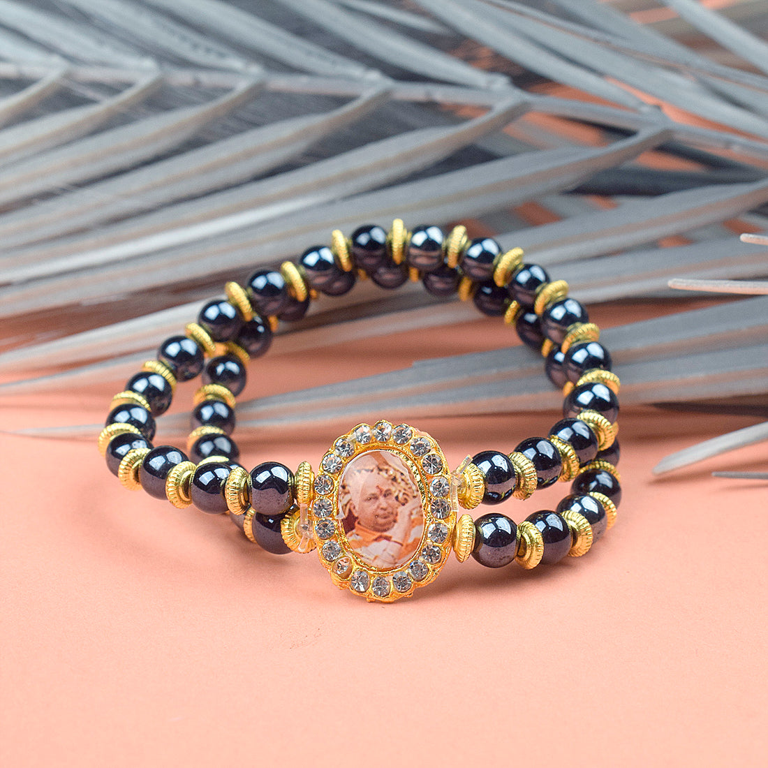 Black Stone Bracelet with Jai Guruji Swaroop