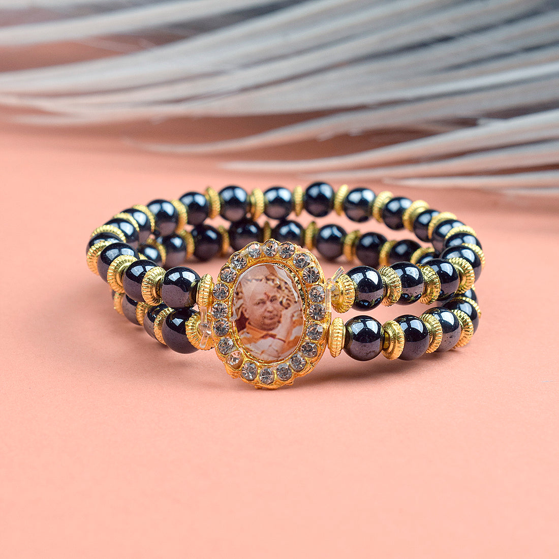 Black Stone Bracelet with Jai Guruji Swaroop