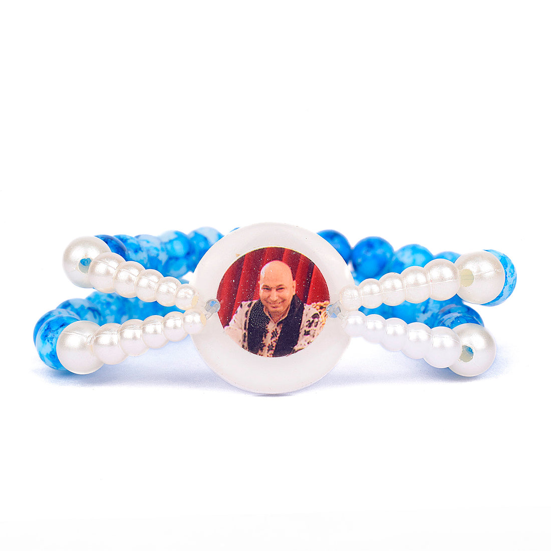 Crystal Blue Beads Double Layer & White Pearl Bracelet with Jai Guruji Swaroop