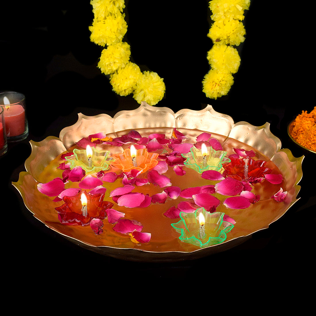 Metal Lotus Shape Urli for Decor With Floating Diya (Pack of 3)
