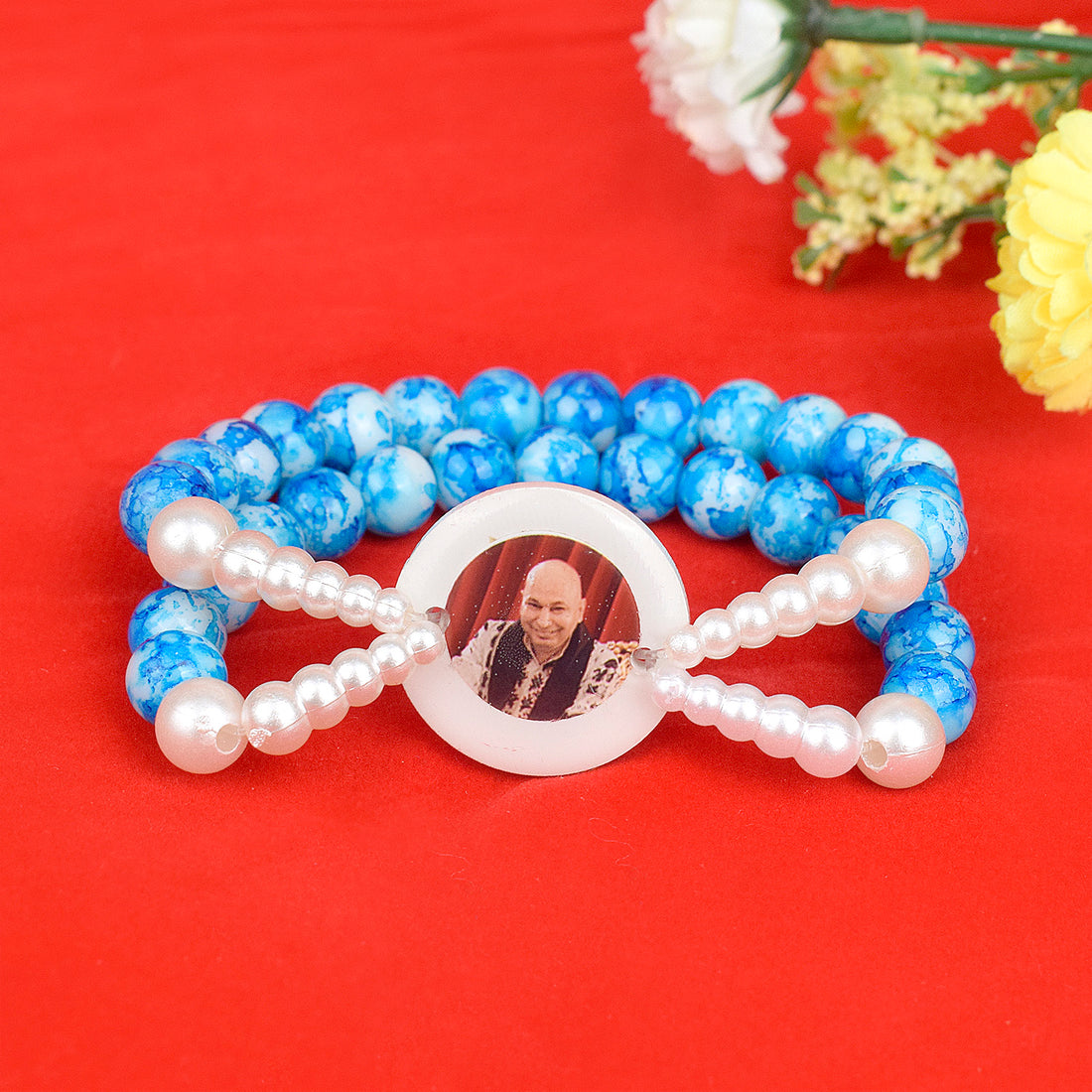 Crystal Blue Beads Double Layer & White Pearl Bracelet with Jai Guruji Swaroop