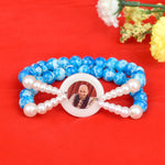 Crystal Blue Beads Double Layer & White Pearl Bracelet with Jai Guruji Swaroop