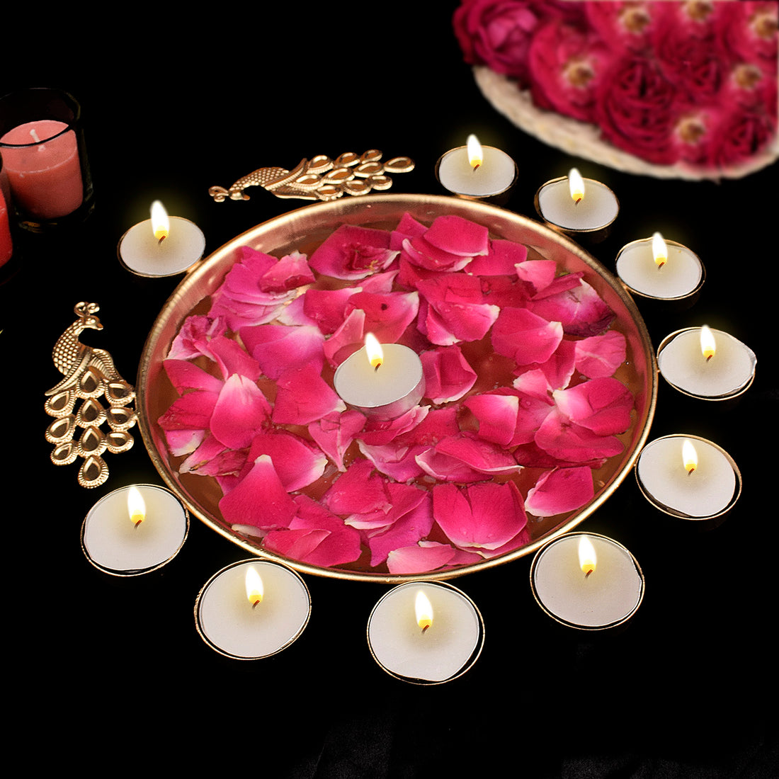 Decorative Metal Peacock Flower Urli with Tea Light (Pack of 3)